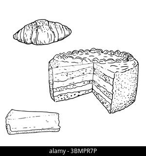 Una torta, un pezzo di cheesecake e panino con semi di papavero, uno schizzo di inchiostro bianco e nero. Illustrazione vettoriale. Dolci della pasticceria, isolati Illustrazione Vettoriale
