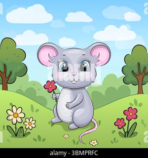 Carino topolino seduto su erba verde in un colorato paesaggio primaverile con fiori, alberi e cielo blu. Illustrazione Vettoriale