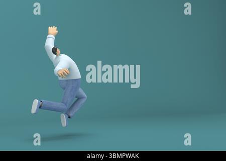 Personaggio dei cartoni animati che indossa una camicia lunga bianca con jeans. illustratore 3d in azione. Sta saltando Foto Stock