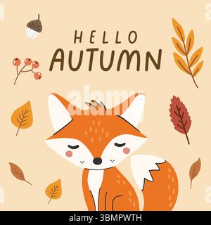 Animali selvatici isolati, animali della foresta carini in autunno, vettori per bambini, design per poster, adesivi, striscioni Illustrazione Vettoriale