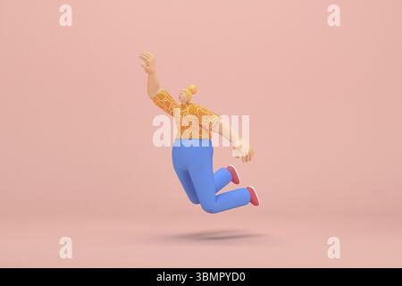 La donna con i capelli dorati legati a un panino che indossa pantaloni a coste blu e T-shirt arancione a righe bianche. Sta saltando. rendering 3d di cartoon ch Foto Stock