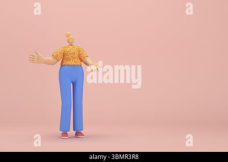 La donna con i capelli dorati legati a un panino che indossa pantaloni a coste blu e T-shirt Orange a righe bianche. Lei è espressione di mano quando parla. 3d. Foto Stock