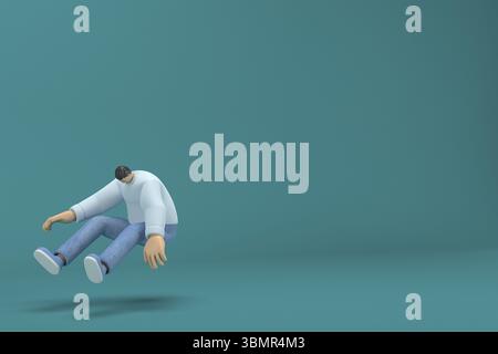 Personaggio dei cartoni animati che indossa una camicia lunga bianca con jeans. illustratore 3d in azione. Sta saltando Foto Stock