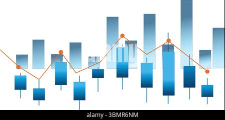 Grafico aziendale con freccia trasparente PNG grafico crescita del mercato azionario Investment Trading Analytics grafico Blue Candlestick con Orange Trend Line Overl Illustrazione Vettoriale