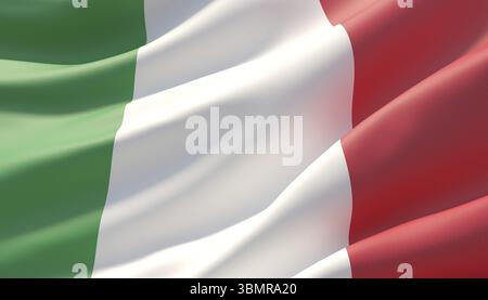 Sventolava la bandiera italiana da vicino, molto dettagliata. Illustrazione 3D. Foto Stock