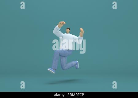 Personaggio dei cartoni animati che indossa una camicia bianca a manica lunga. illustratore 3d in azione. Sta correndo Foto Stock