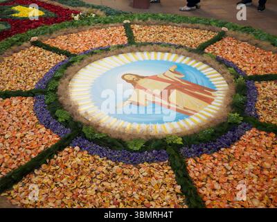 Alseno, Italia 22 giugno 2025 vibrante composizione floreale tradizionale raffigurante l'accoglienza di Cristo, meticolosamente progettata per il festival Corpus Domini nelle vicinanze Foto Stock