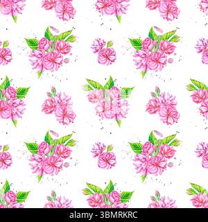 Motivo senza cuciture fiori rosa. Sfondo botanico acquerello di fiori di ciliegio rosa. Modello con fiori giapponesi in primavera. Botanico Foto Stock