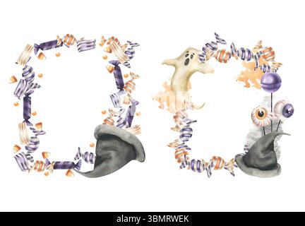 Set di template per banner ad acquerello fantasma e dolci tradizionali di Halloween. Caramelle disegnate a mano, Jelly eye, illustrazioni caramelle, cornici isolate per trucchi Foto Stock