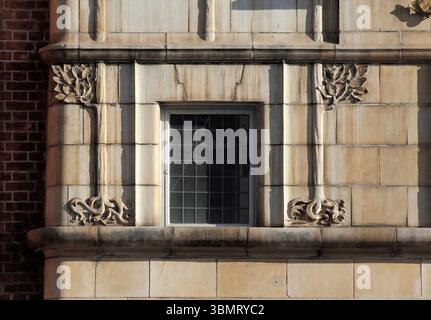 Alberi decorativi con foglie e radici stilizzate sulla facciata della Whitechapel Gallery, Londra. Evidenziato dal sole del mattino presto. Foto Stock