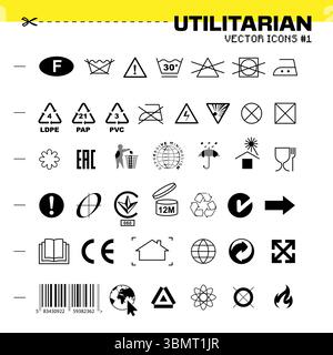 Collezione di icone vettoriali ispirate alle etichette per la cura dell'abbigliamento, ai simboli di riciclaggio, ai cartelli di avvertenza e agli adesivi per imballaggio. Stile brutalista e funzionale per un uso moderno. EPS10 vettoriale. .. Illustrazione Vettoriale