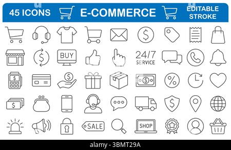 Set di icone della linea di traccia modificabile e-Commerce. Collezione di icone di linea sottile per lo shopping online. Pacchetto di simboli del negozio Web. Immagine di illustrazione vettoriale. Isolato su Who Illustrazione Vettoriale