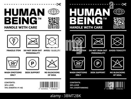 Etichetta per la cura emotiva con lo stile di un'etichetta di abbigliamento con icone di lavaggio e messaggi gentili sul trattamento delicato delle persone. Adatto per stampe di t-shirt, poster e streetwear. Grafica vettoriale EPS10. Illustrazione Vettoriale