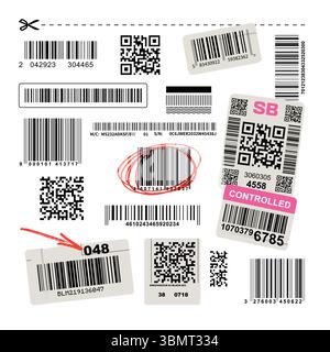 Set di codici a barre fittizi, codici QR e scarabocchi disegnati a mano isolati su bianco. Elementi di design vettoriale decorativi per poster, mockup di packaging, grafica techwear, progetti di design brutali e urbani. Grafica vettoriale EPS10. Illustrazione Vettoriale