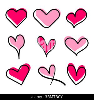 Illustrazione del set di doodle con cuore disegnato a mano. Un'illustrazione colorata che presenta una collezione di 9 scarabocchi a cuore disegnati a mano in forme e stili diversi. Illustrazione Vettoriale