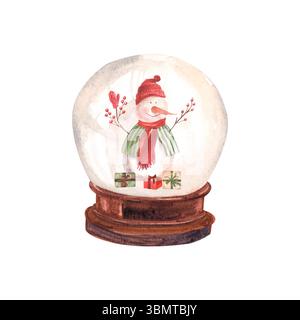 Composizione con acquerello disegnato a mano con globo di neve e pupazzo di neve all'interno. Illustrazione isolata su sfondo bianco Foto Stock