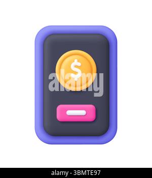 Schermo viola del telefono cellulare dello smartphone con una moneta da un dollaro d'oro. Mobile banking, pagamento digitale, concetto fintech icona vettoriale .3d. Stile minimalista cartoni animati Illustrazione Vettoriale