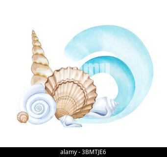 Una composizione ad acquerello con diverse conchiglie e un'onda marina turchese stilizzata. L'illustrazione è isolata su uno sfondo bianco. Un modello Foto Stock