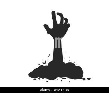 Spaventosa silhouette a mano zombie che si solleva da terra la notte di Halloween. Elemento horror vettoriale per un design spaventoso. Spaventosa sagoma della mano di Halloween che arriva dal suolo del cimitero. Illustrazione vettoriale Illustrazione Vettoriale