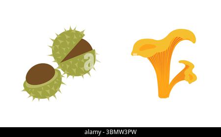 Icone piatte dell'autunno: Funghi e castagne in moderno stile vettoriale. Set disegnato a mano per banner, carte, social media Illustrazione Vettoriale