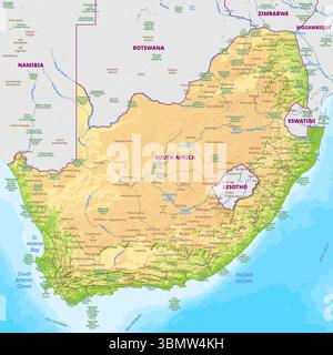 Mappa fisica dettagliata del Sudafrica Illustrazione Vettoriale
