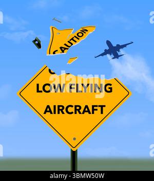 Un aereo a bassa quota distrugge un segnale che dice di essere prudente e consapevole degli aerei a bassa quota. Questa è un'illistrazione umoristica in 3D. Foto Stock