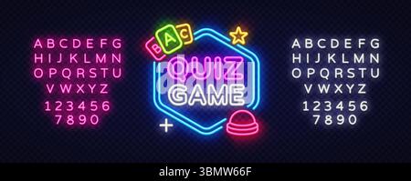 Etichetta vettoriale di gioco con carte e cicalino. GIOCO A QUIZ con parole al neon a forma di esagono, alfabeto e numeri brillanti su sfondo scuro e trasparente Illustrazione Vettoriale