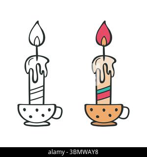 Set di icone delle candele natalizie. Contorno inchiostro per pennarello nero, stile di schizzo a doodle colorato, linea traccia blob disegnata a mano. Festa natalizia Illustrazione Vettoriale