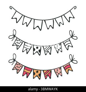 Set di icone della bandiera garland per le vacanze. Contorno inchiostro per pennarello nero, stile di schizzo a doodle colorato, linea traccia blob disegnata a mano. Festa natalizia Illustrazione Vettoriale