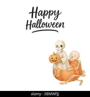Scheletri e fantasma in zucca con gli scheletri di Happy Halloween Text e Ghost in Pumpkin con Happy Halloween Text Foto Stock