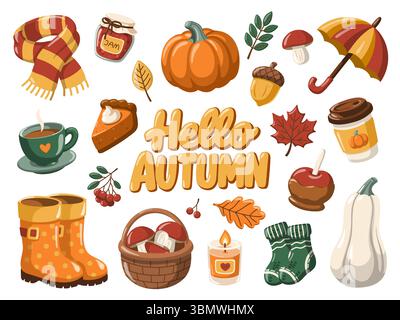 Ciao set autunnale. Illustrazioni vettoriali isolate di oggetti caldi e stagionali su sfondo bianco Illustrazione Vettoriale