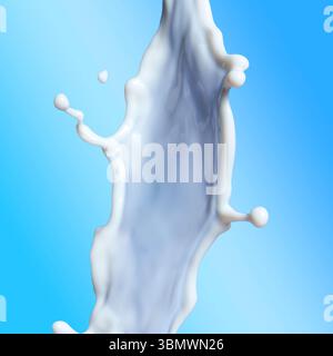 Spruzzi di latte bianco catturati a mezz'aria su uno sfondo blu brillante, che mostra il movimento fluido e la forma dinamica con dettagli ad alta velocità Foto Stock