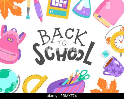 Allegro banner Back to School con vivaci forniture scolastiche ed elementi autunnali, perfetto per progetti promozionali. Illustrazione Vettoriale