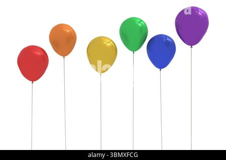 Sei palloncini in lattice lucido fluttuano nel rendering 3D, mostrando colori arcobaleno e spazio di copia Foto Stock
