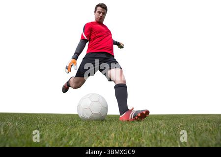 Il portiere con guanti arancioni e scarpe rosse calcia la palla da calcio sullo sfondo in stile piatto Foto Stock