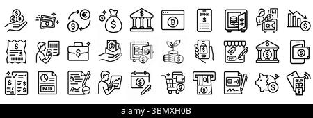 Raccolta icone finanza e transazioni bancarie. Include denaro, pagamenti a cellulare, ricevute, cassaforte, banca, e molto altro ancora. Icone di contorno modificabili. Illustrazione Vettoriale