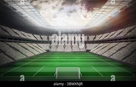 Lo stadio di calcio è caratterizzato da un design piatto con pali bianchi, campo a righe e banchi a gradini Foto Stock