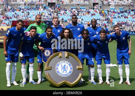 Charlotte, Stati Uniti. 28 giugno 2025. I giocatori del Chelsea FC posano per le foto prima del turno di 16 partite tra il Portogallo SL Benfica e l'Inghilterra Chelsea FC alla Coppa del mondo per club FIFA 2025 al Bank of America Stadium di Charlotte, Stati Uniti, 28 giugno 2025. Crediti: Huang Zongzhi/Xinhua/Alamy Live News Foto Stock