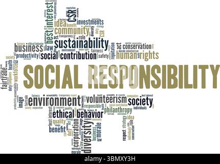 Corporate Social Responsibility CSR progettazione concettuale di Word cloud isolata su sfondo bianco. Illustrazione Vettoriale