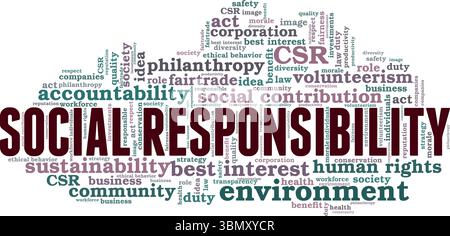 Corporate Social Responsibility CSR progettazione concettuale di Word cloud isolata su sfondo bianco. Illustrazione Vettoriale