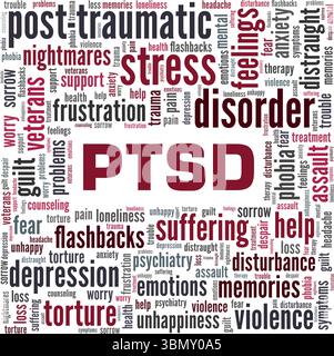 Disturbo post-traumatico da stress PTSD nuvola di parole progettazione concettuale isolata su sfondo bianco. Illustrazione Vettoriale