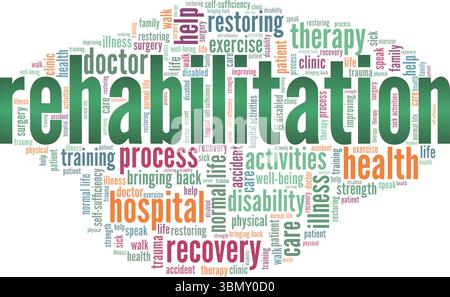 Progettazione concettuale di Word cloud per la riabilitazione isolata su sfondo bianco. Illustrazione Vettoriale
