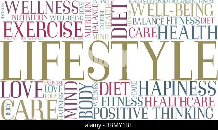 Design concettuale di Word cloud stile di vita isolato su sfondo bianco. Illustrazione Vettoriale