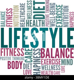 Design concettuale di Word cloud stile di vita isolato su sfondo bianco. Illustrazione Vettoriale
