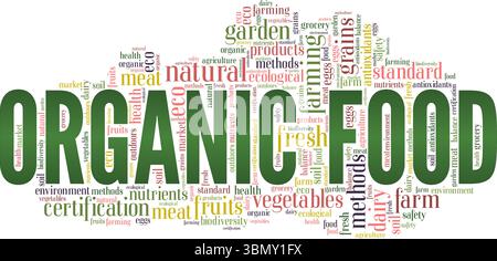 Design concettuale di fumetti di parole Organic Food isolato su sfondo bianco. Illustrazione Vettoriale
