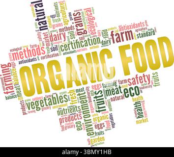 Design concettuale di fumetti di parole Organic Food isolato su sfondo bianco. Illustrazione Vettoriale
