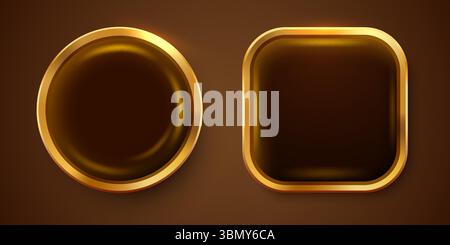 Set di pulsanti oro. Design dorato per emblema vuoto. Forma metallica dorata lucida. Pulsante lucido vettore realistico 3D. Illustrazione Vettoriale