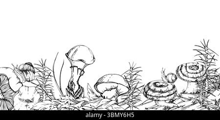 Tappo di latte russula suillus larice bolete scivolosi funghi jack, lumaca sul cappello, pianta di equiseto sulla corteccia con crescita di muschio lichene. Intestazione banner senza interruzioni Illustrazione Vettoriale