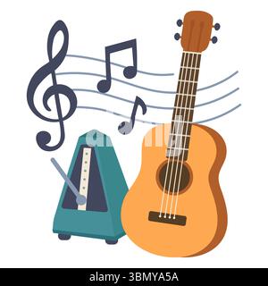 Metronomo colorato per chitarra e note musicali in stile piatto, perfetto per l'educazione musicale poster lezioni e attività per bambini Illustrazione Vettoriale
