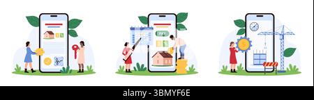 Investimenti in edilizia, acquisto di immobili e set di mutui. Le persone più piccole investono moneta d'oro nel cantiere edile, acquistano e pagano le commissioni di credito mensili sull'illustrazione vettoriale dei cartoni animati sullo schermo dello smartphone Illustrazione Vettoriale